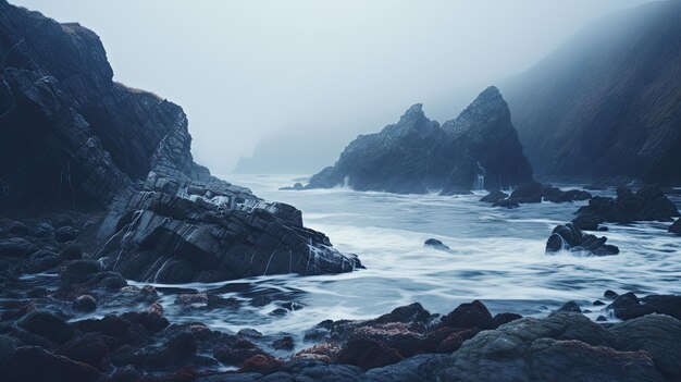 A photo of a rugged coastal terrain fog rolling in the background