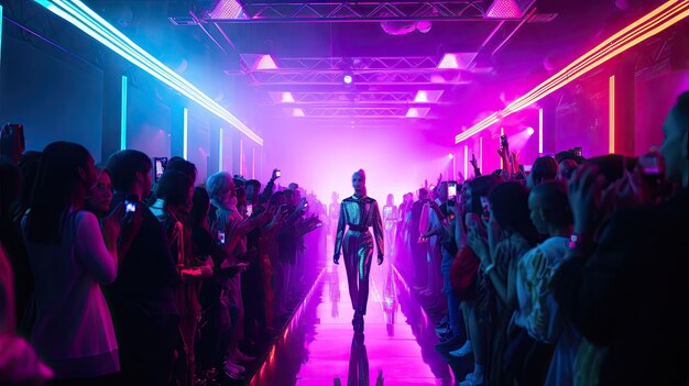 Photo a photo of a runway with vibrant neon lights crowded audience