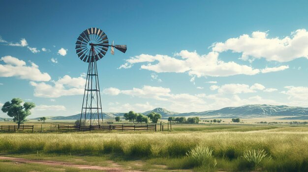 A photo of a rural windmill in a quiet agricultural landscape