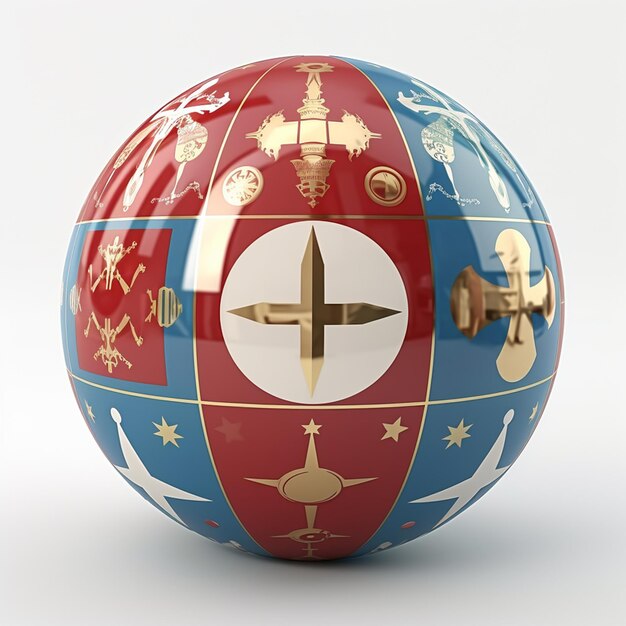 Foto foto bandiera russa dipinta su sfera con simboli religiosi intorno rendering 3d