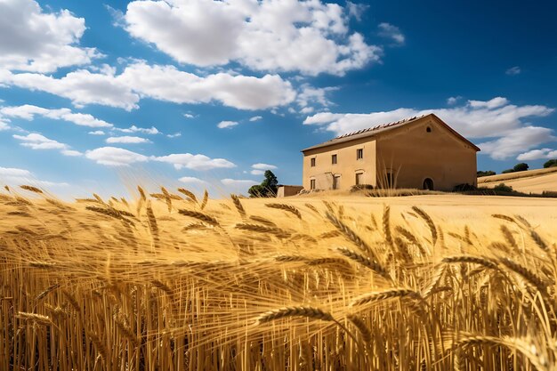 Photo of rustic barn surrounded by fields of golden wheat