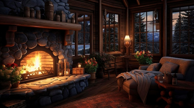 A Photo of a Rustic Cabin Living Room with Wood Paneling and Cozy Fireplace