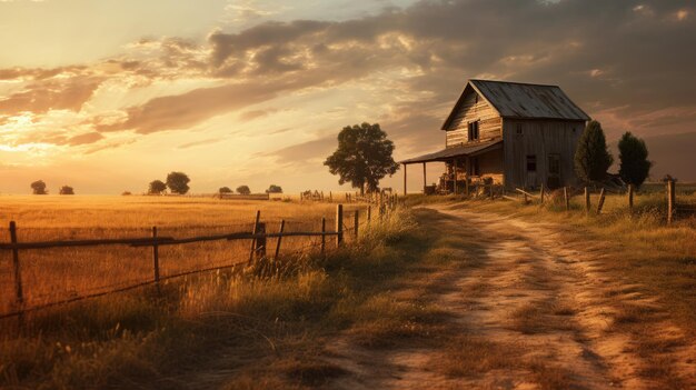 Photo a photo of a rustic farmhouse in the countryside golden sunset