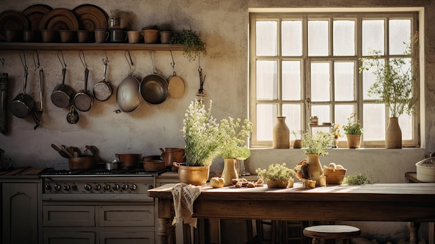 Photo a photo of a rustic farmhouse kitchen soft natural light