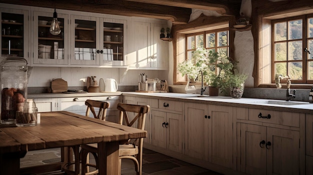 A Photo of a Rustic Farmhouse Kitchen with Exposed Beams and Farmhouse Sin