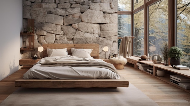 Photo of a rustic interior design of a modern bedroom Create a wideangle lens for daylight white light