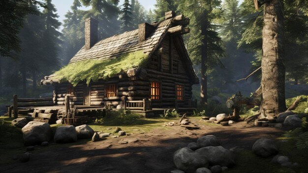 A photo of a rustic log cabin in the woods