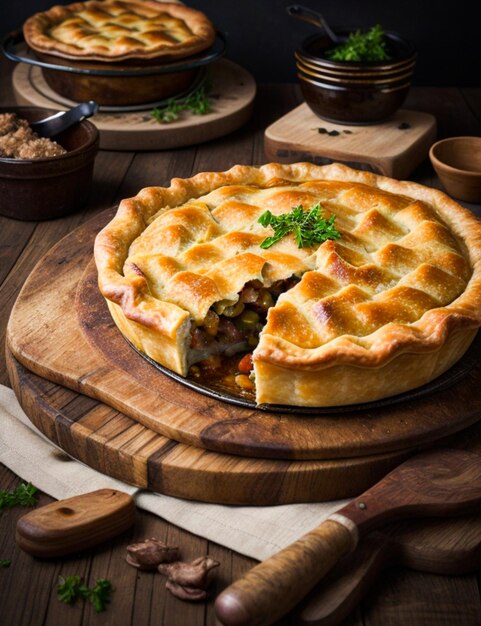 photo rustic meat pie baked with savory onions