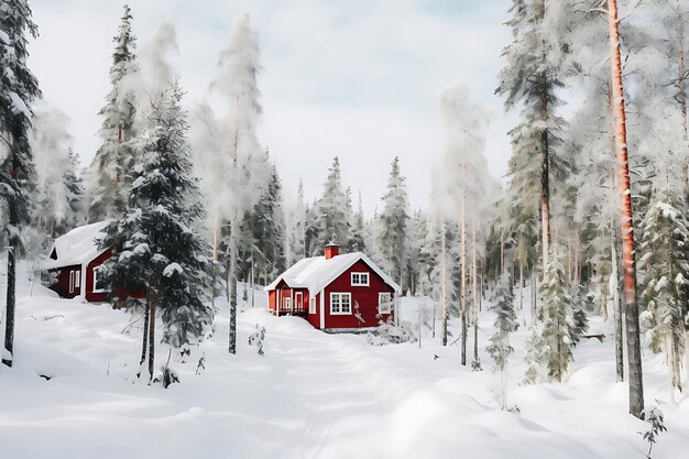 Photo of Rustic Norwegian Cabins Amidst Snowy Forests