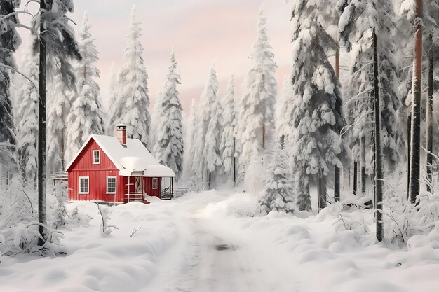 Photo of Rustic Norwegian Cabins Amidst Snowy Forests