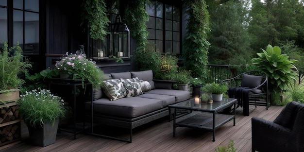 Photo rustic patio furniture on the house deck with vegetation