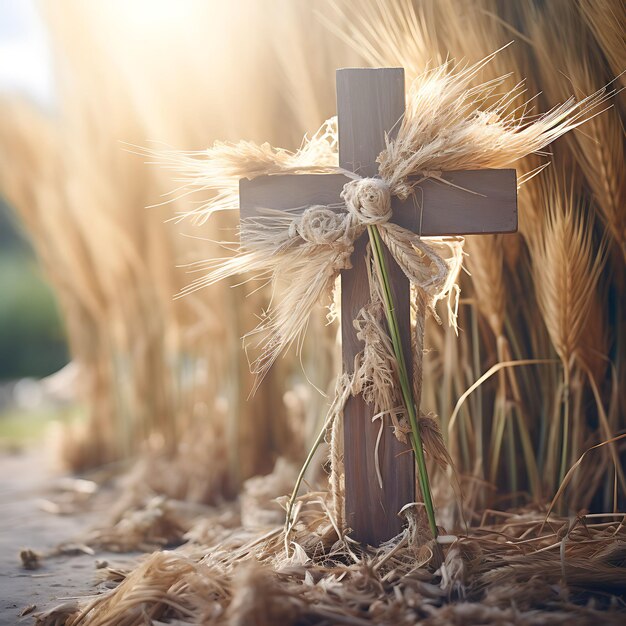 Photo of Rustic Sacred Cross Made of Weathered Barn Wood and Adorned Good Friday Palm Sunday Art