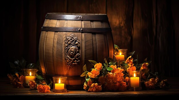A photo of a rustic wooden barrel soft candlelight