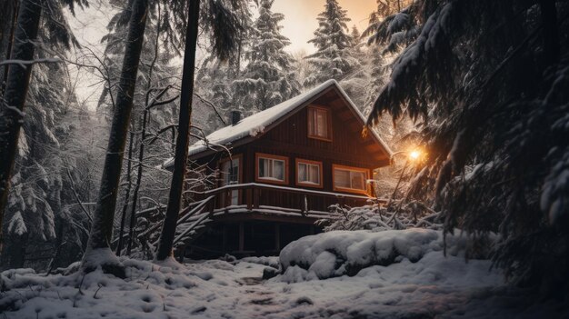 A photo of a rustic wooden cabin in a snowy forest soft diffused light