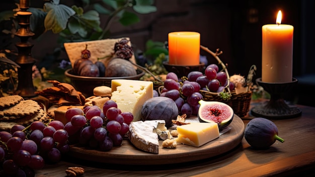 Foto una foto di un vassoio di legno rustico con una selezione di formaggi artigianali e frutta a luce di candela calda