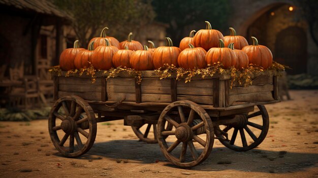 A photo of a rustic wooden wagon filled with pumpkins