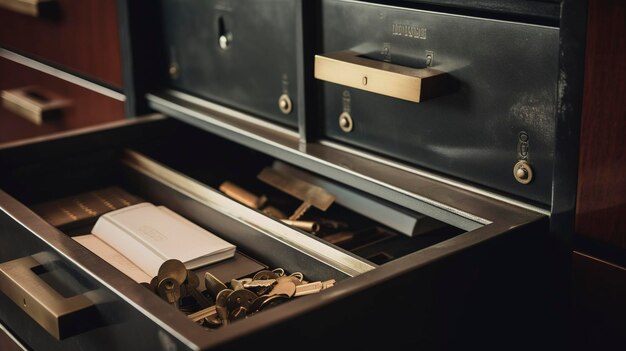 Photo a photo of a safe deposit box with key and financial documents