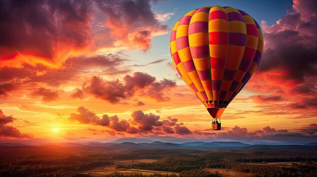 Photo a photo of a saffroncolored hot air balloon against a sunset sky warm glow