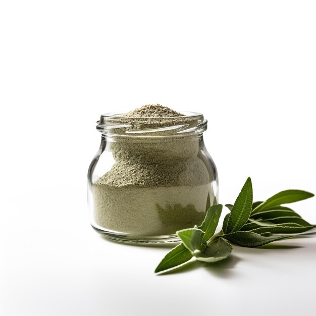 Photo photo of sage powder in minimalist inside transparent jar isolated on white background