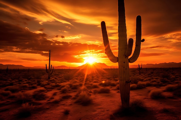 Photo of Saguaro cactus with a sunset sky in the deser