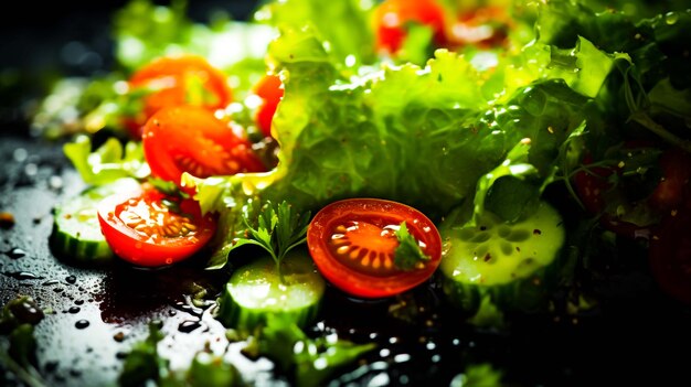 Фото салат помидоры огурец красный лук и листья салата на деревянном фоне сгенерировано AI