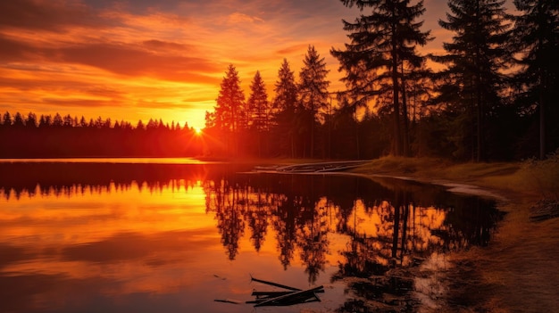 A photo of a salmon color sunset reflected in a lake silhouetted trees backdrop