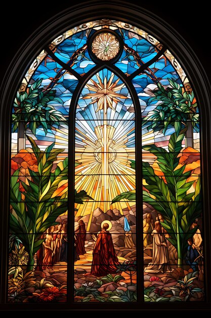 Photo of salvation themed stained glass window decor with vibrant col easter palm good friday art