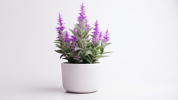 Photo of Salvia flower in pot isolated on white background