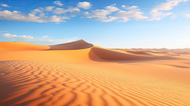 A photo of sand dunes with a clear blue sky golden sunlight