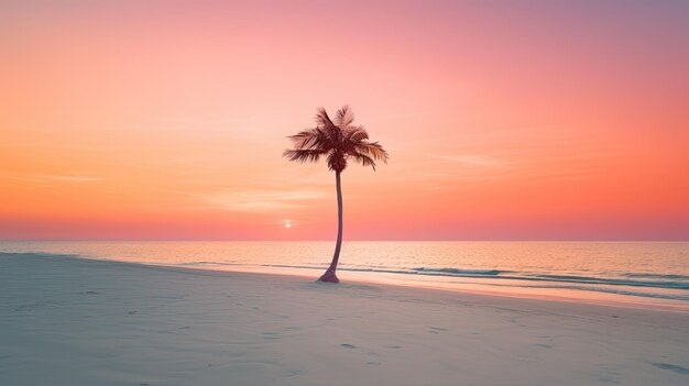 Foto una foto di una spiaggia di sabbia con una palma solitaria dai colori vivaci del tramonto