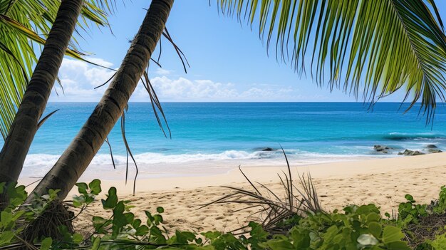 Фотография песчаной прибрежной местности с пальмовыми листьями на заднем плане