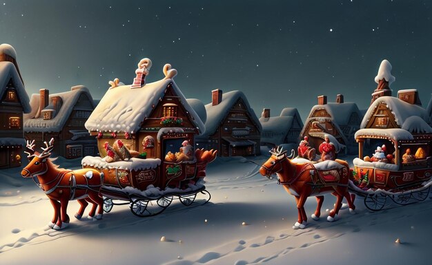 Photo of Santa Claus riding on sleigh with deer and lot of gift box Christmas night