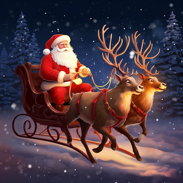 Photo of Santa Claus riding on sleigh with with deer and gift box