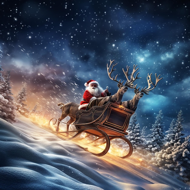Фотография Санта-Клауса, едущего на санях с оленями и подарочной коробкой