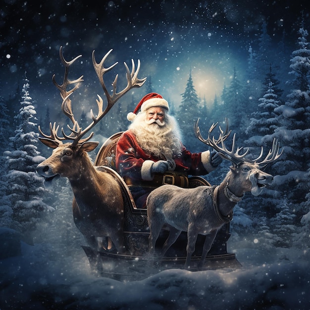 Photo of Santa Claus riding on sleigh with with deer and gift box