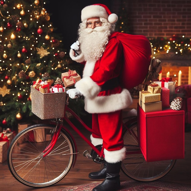 Foto foto di babbo natale con i regali nella bicicletta e la sua valigia rossa sul retro sullo sfondo