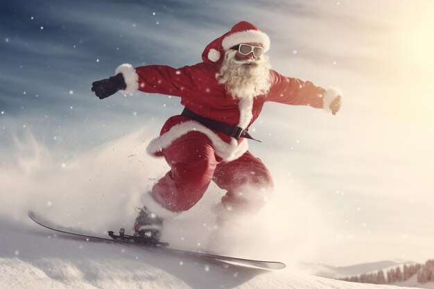 Photo of Santa wearing a snowboard