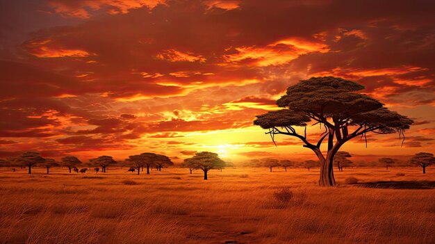 A photo of a savanna with sun dogs acacia trees