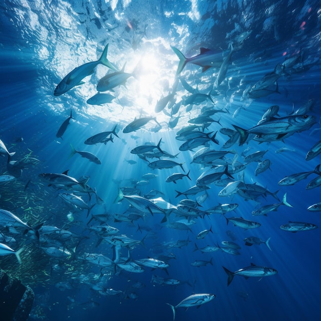 Photo scad jamb under water sea ecosystem large school of fish on a blue background