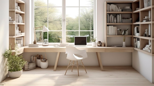 A Photo of a Scandinavian Style Home Office with Minimalist Desk and Natural