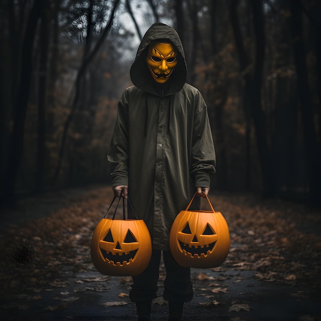 Photo Scary and creepy male monster standing in the darkness with pumpkin concept for halloween day