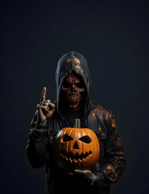 Photo Scary and creepy male monster standing in the darkness with pumpkin Halloween day sale banner