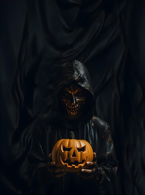 Фото Страшный и жуткий мужчина-монстр, стоящий в темноте с тыквой на Хэллоуин, распродажа, баннер