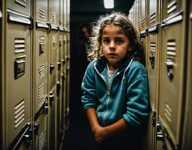 photo of scary girl kid in locker room generative AI