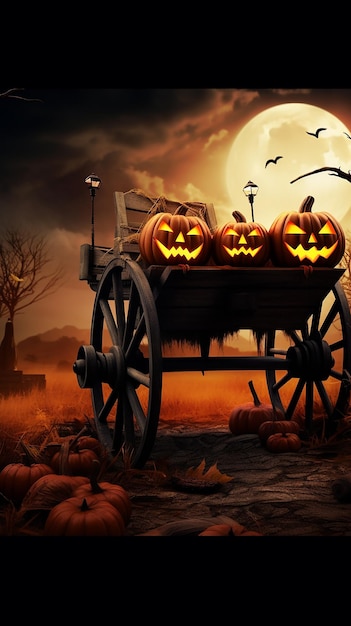 Photo of Scary Halloween pumpkin and ghost background