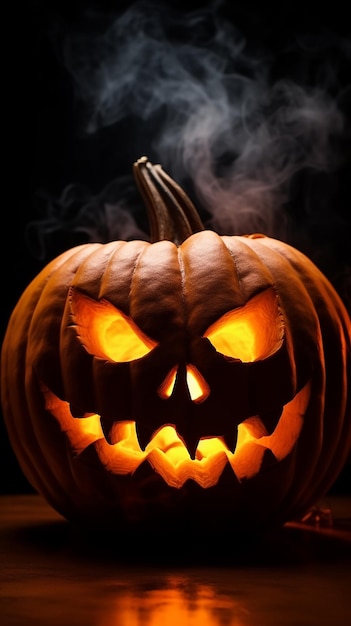 Photo of Scary Halloween pumpkin and ghost background