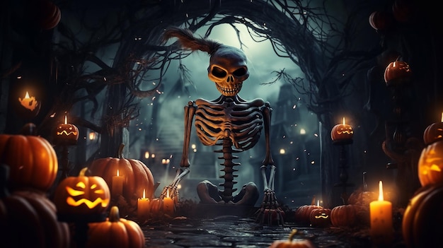 Photo of Scary Halloween pumpkin and ghost background