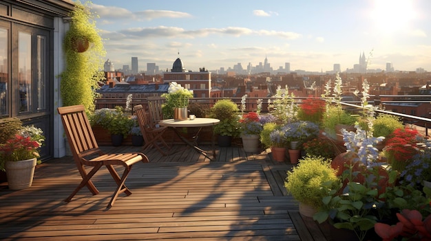 A photo of a scenic rooftop garden with a view