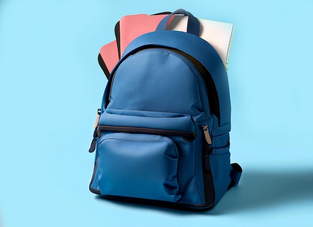 Photo school backpack isolated back to school in soft blue background