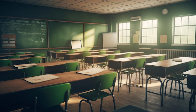 Photo of a school classroom with board